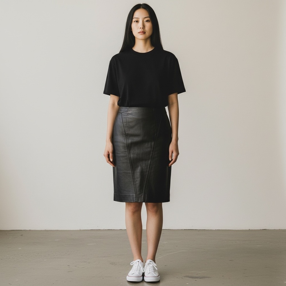 G-III Vintage 90’s Genuine Leather Black Pencil Skirt w/Back Buttons Size 11/12
